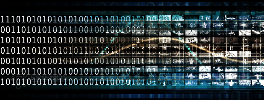 Streams of binary code flowing into a grid of glowing digital images, representing the evolution of AI